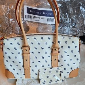 Dooney & Bourke Coated Canvas Blue Monogram White and Tan Shoulder Bag